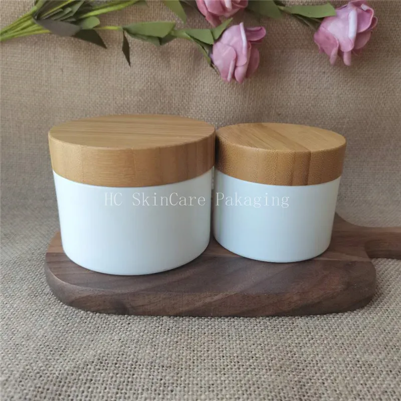 

Empty 150g 250g white PP Plastic Bamboo Cap Cosmetic Tin Pot Lip Balm Body Hand Face Cream Jar Storage Container