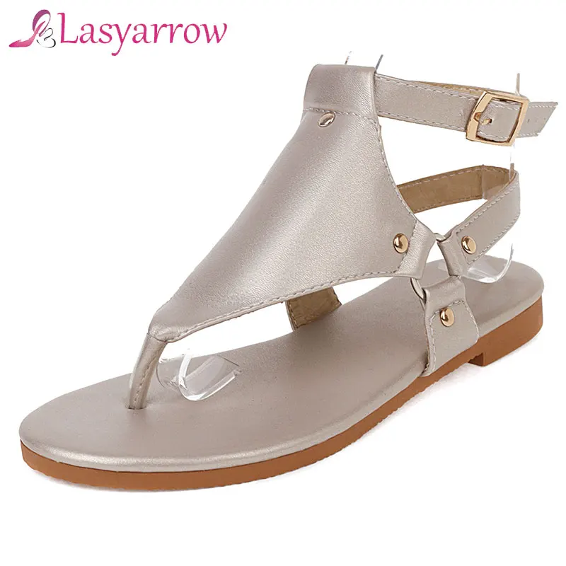 Lasyarrow Summer Fashion Female Sandals Solid Buckle Low Heel Rivet Flip Flat Women Sandals Rome Retro Casual Comfy Shoes Woman