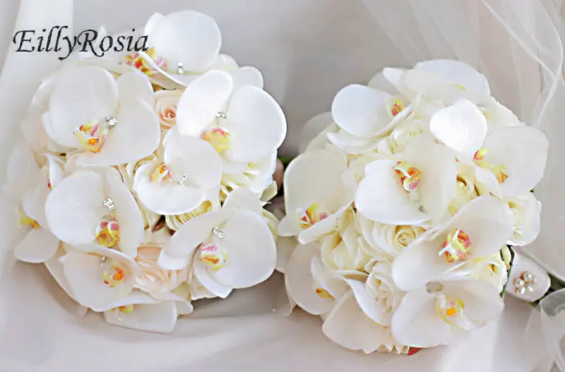 EillyRosia Korean Butterfly Orchid Bride Bouquet White High-end Simulation Flowes Pure Wedding Bouquet with Rhinestones Chic