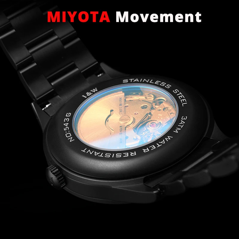 MIYOTA Movement Skeleton Watch Automatic Luxury Brand I&W Black Tourbillon Mechanical Watch Men Sapphire Luminous Leather Strap