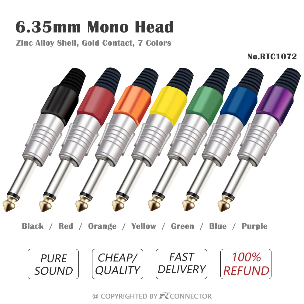 1pc Jack 6.35 Wire Connector Audio Speaker 6.35mm Mono Sophomore Core Amplifier Microphone Plug 7 Colors Options Nickel Plated