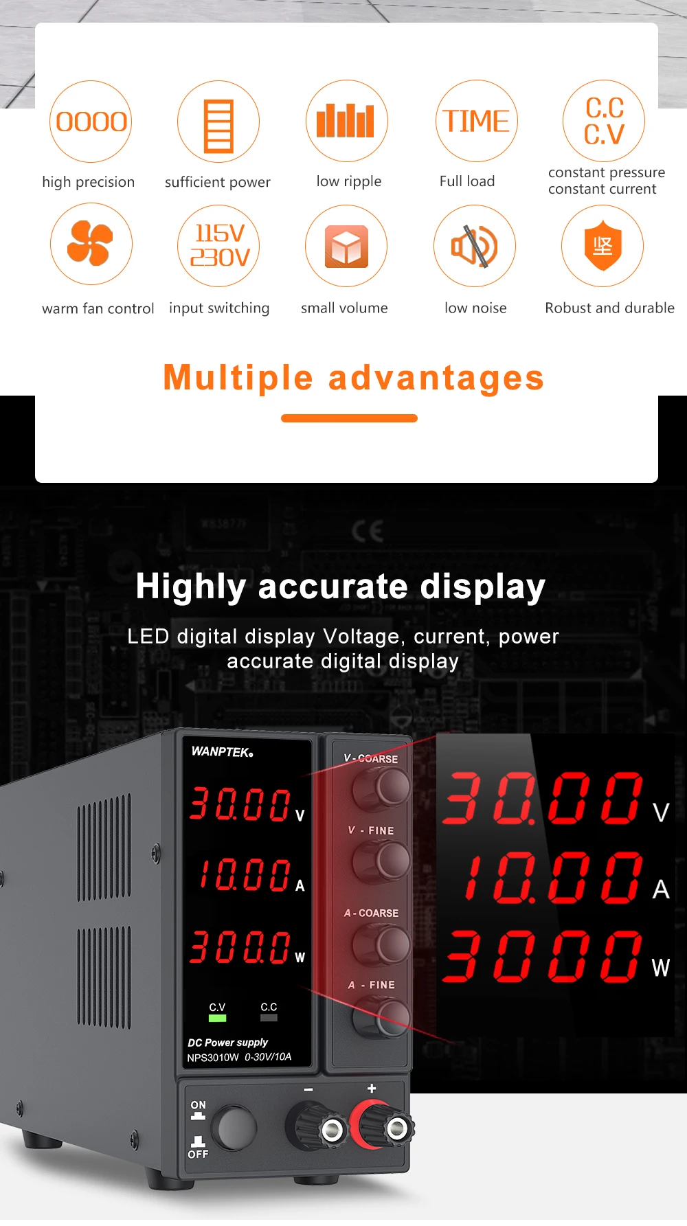Wanptek Laboratory DC Power Supply Adjustable 30V 10A with Digit Display Voltage Regulator Stabilizer Switching Power Supply