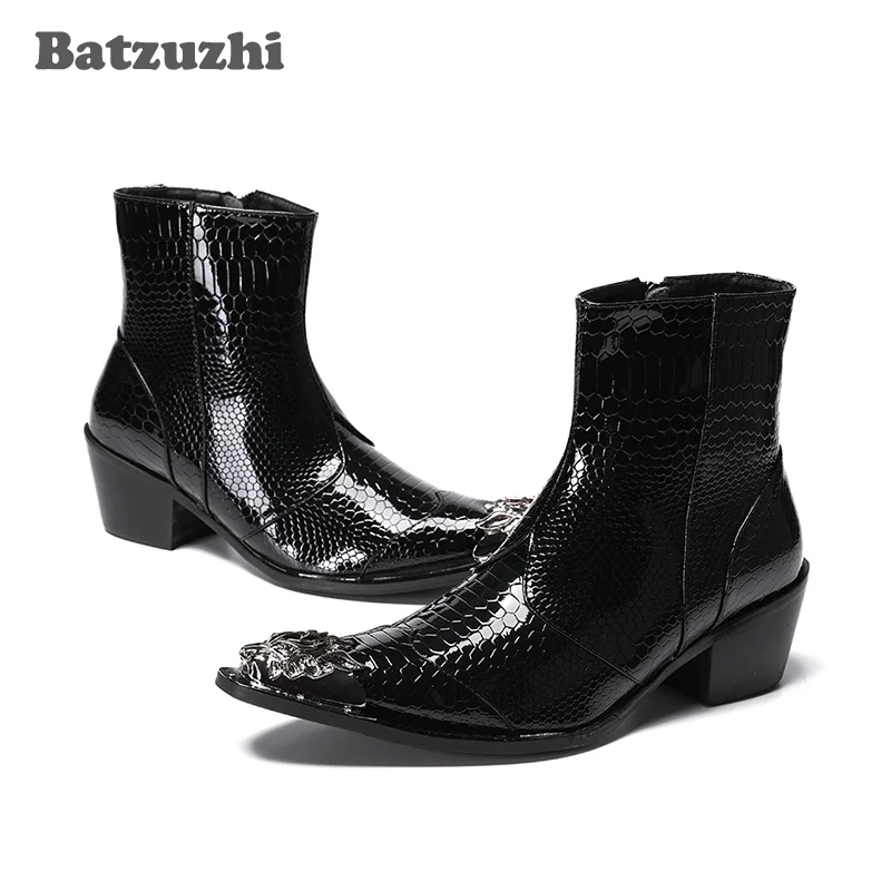 Batzuzhi Black Genuine Leather Ankle Boots Men 6.5CM High Heel Men Boots Metal Pointed Toe Zip Motorcycle Party Boots Botas Hom