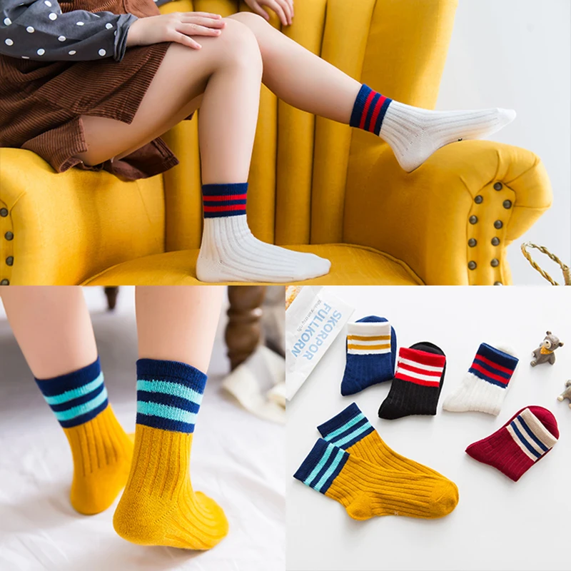 5Pairs/lot Kids Socks Autumn Winter Children Cotton Socks Striped Colorful Warm Thick Cool Baby Socks