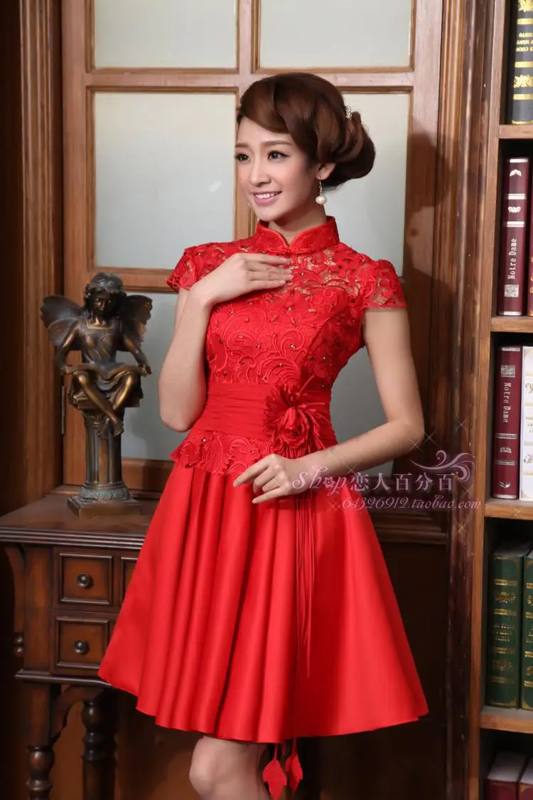 free shipping cheongsam party prom gown flower 2015 new fashion vintage red lace short high neck bridesmaid dresses