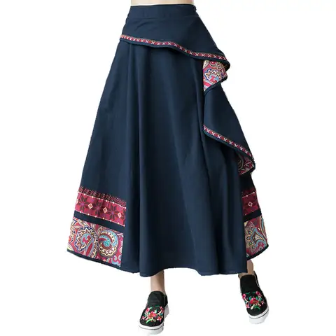 2023 New Cotton Linen Embroidery Women Skirt Ethnic Style High Waist Patchwork Skirts Womens Vintage Midi Mori Girl Skirts