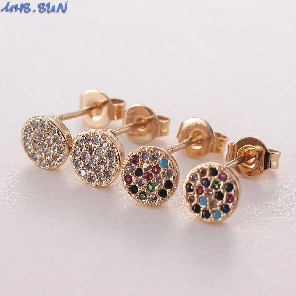 MHS.SUN Cute Small Round Stud Earrings With Cubic Zirconia Geometric Earrings Vintage Gold Plated Jewelry For Women Girl