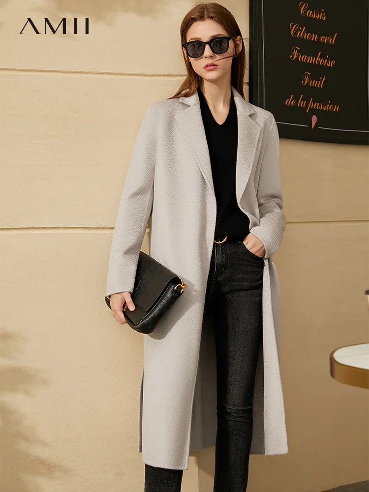 Amii Minimalism Luxury Coat Female Winter Fashion Solid Lapel Single-breasted Calf-length Double-sided Woolen Coat  12040778