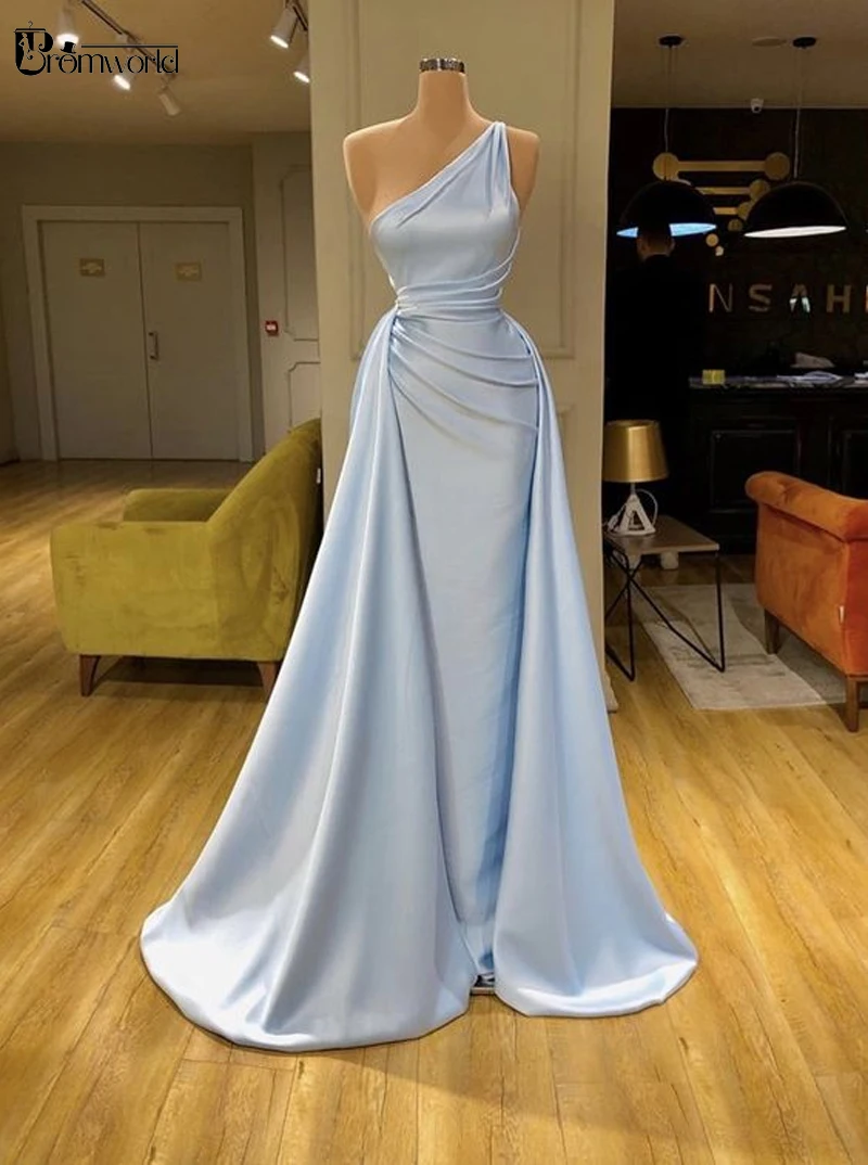 Vestidos de graduación de sirena azul cielo para mujer, vestido Formal elegante, vestido de noche largo Simple de satén de un hombro