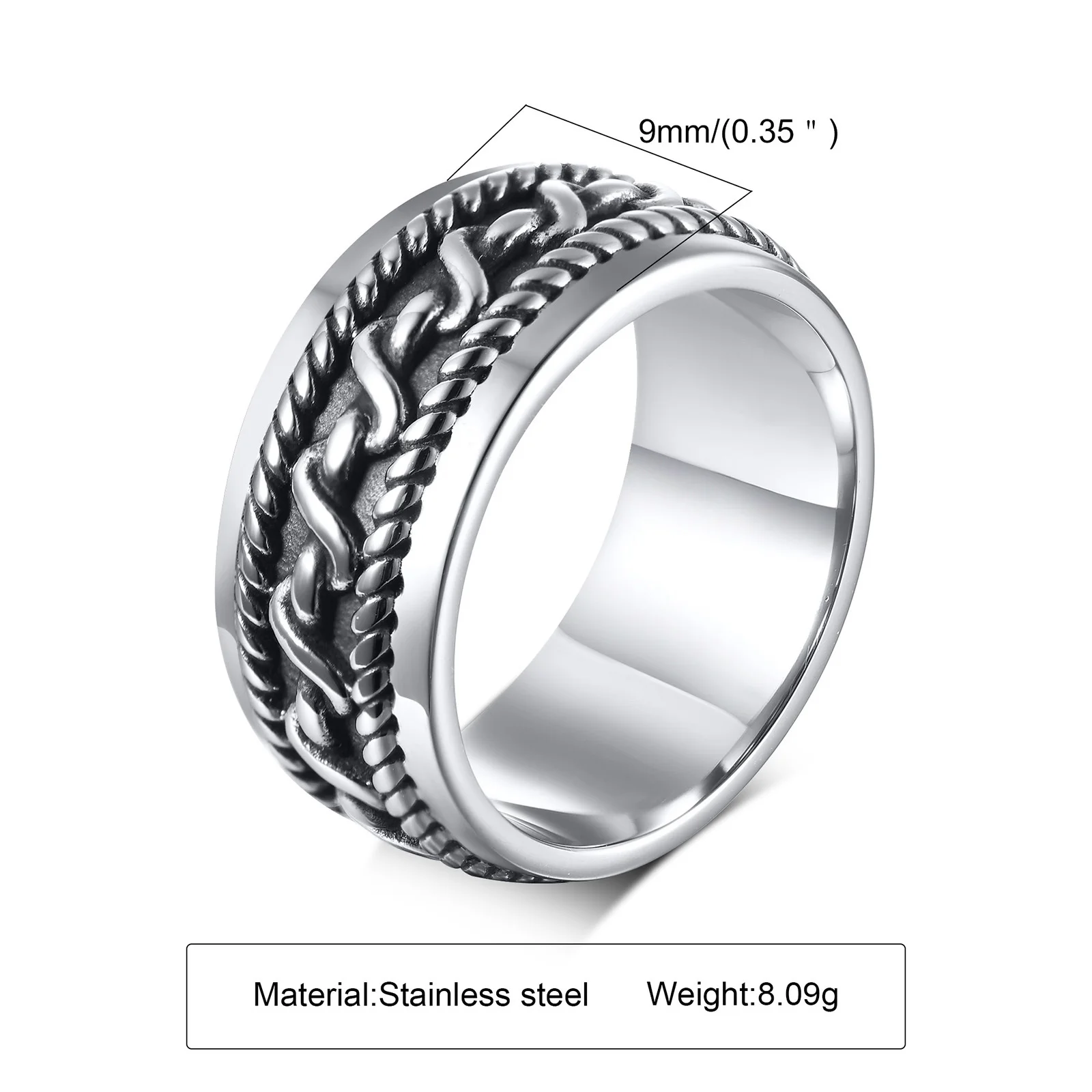 VNOX 9mm Vintage Stainless Steel Men's Ring