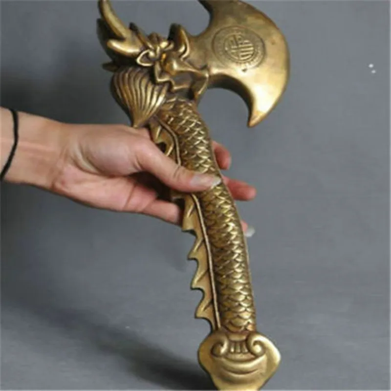 Chinese Fengshui Brass Weapon Arms Ward off evil Dragon head Axe Hatchet Ax