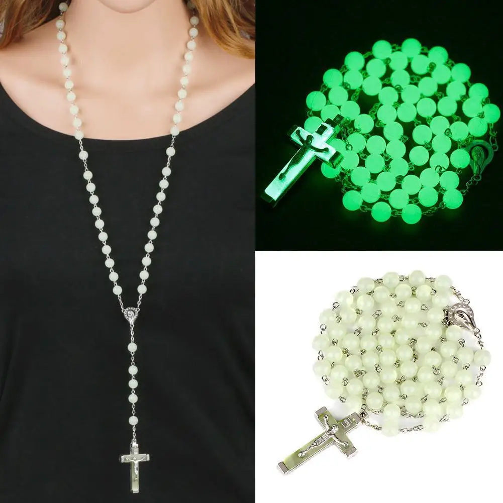 8MM Luminous Christian Catholic Cross Rosary Necklace Glowing Light in Dark Beaded Pendant Necklaces for Men Women Christians