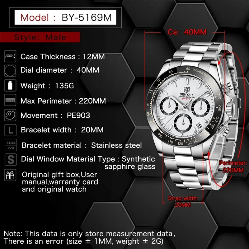 BENYAR New Luxury Men Sports Wristwatch Top Brand Stainless Steel Waterproof Multifunction Chronograph 40mm Quartz Watch for Men