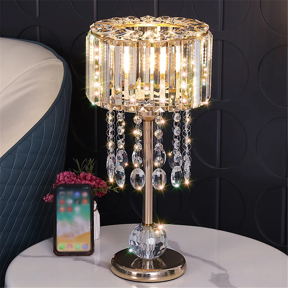 American Luxury Crystal Shade Tassel Led Table Lamp For Living Room Bedroom Loft Home Deco Bedside Gold Nightstand Light Fixture