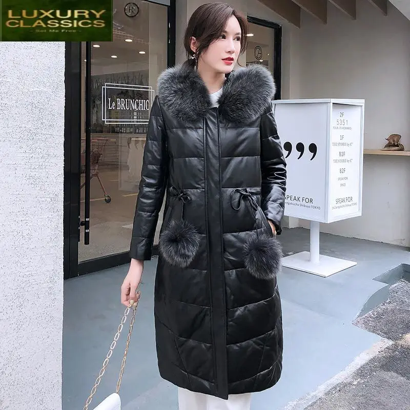 Natural Women's Winter Sheepskin Coat Female Real Fox Fur Hooded Genuine Leather Jacket Women Clothes 2021 Long Coats 009