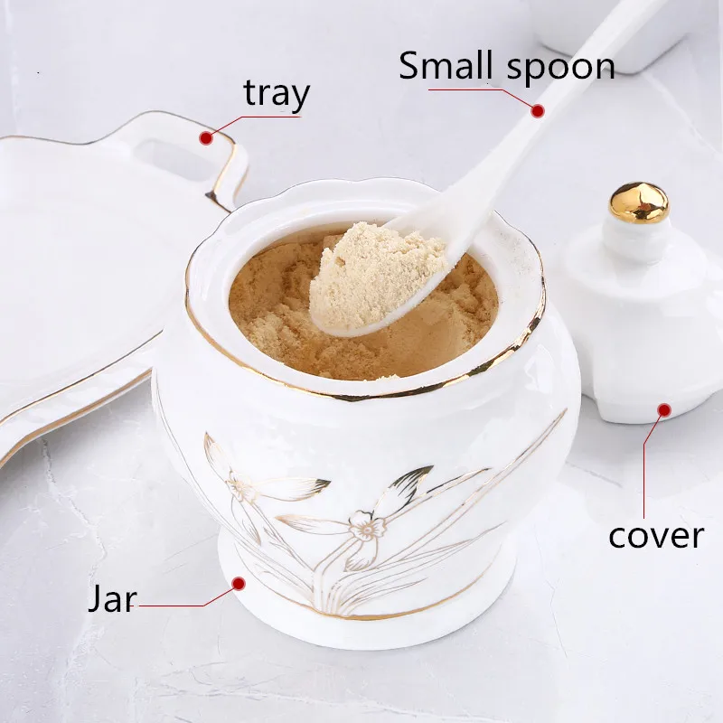 Creative salt shaker sugar bowl for spice storage container / storage pot ceramic seasoning pot home White gold stroke