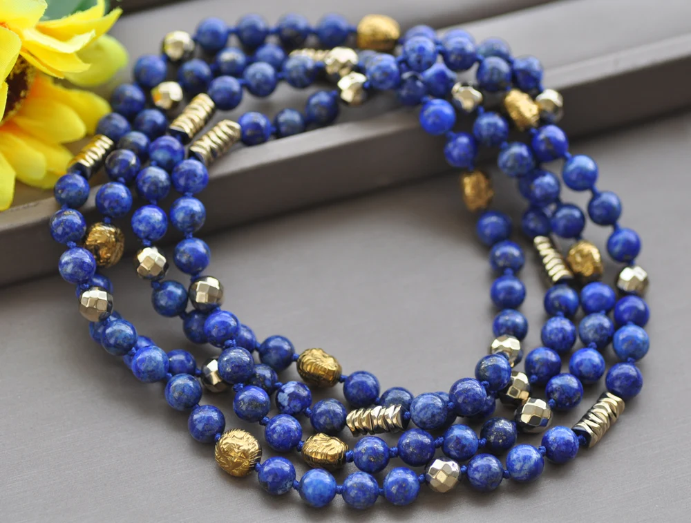 

Z10184 50" 8mm Natural Round lapis lazuli Turquoise Extrusive-rock Agate Gold Hematite Necklace