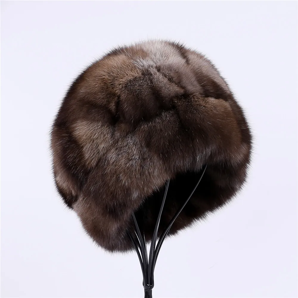 Unisex Winter Warm 100% Sable Fur Hat Men's Bucket Cap Women's Luxury Real Fur Beanie Hats Natural Brown Color