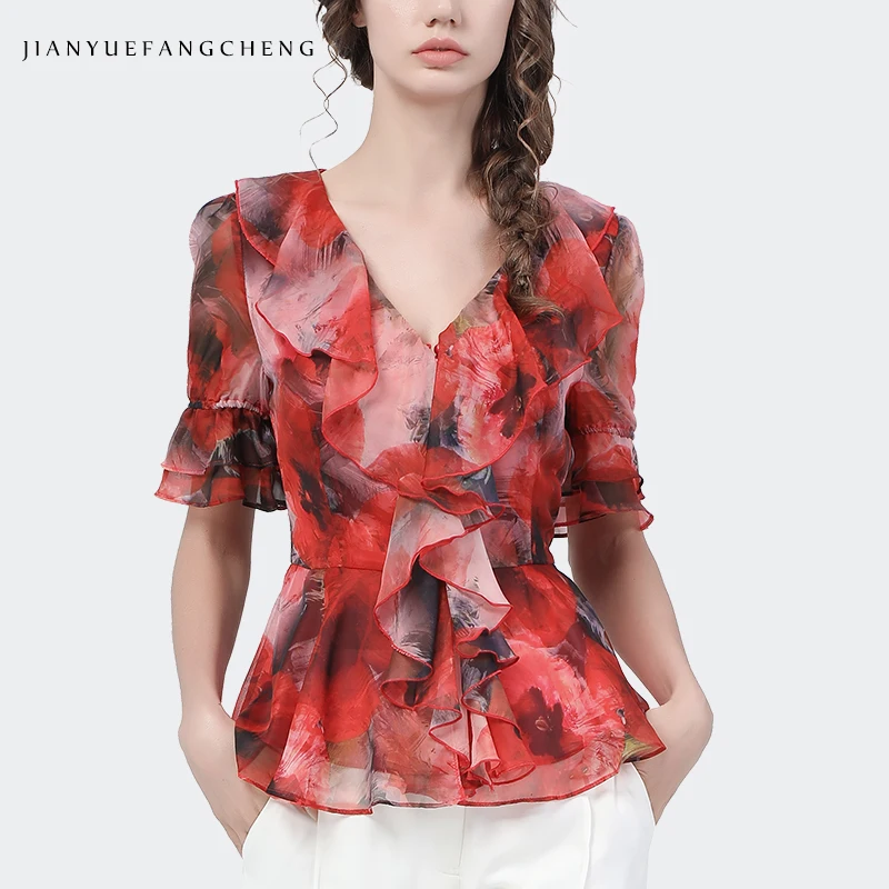 Fashion Red Chiffon Printed Blouse Women Summer Short Sleeve V-Neck Slim Ruffles Tops Plus Size Elegant All-Match Casual Shirts