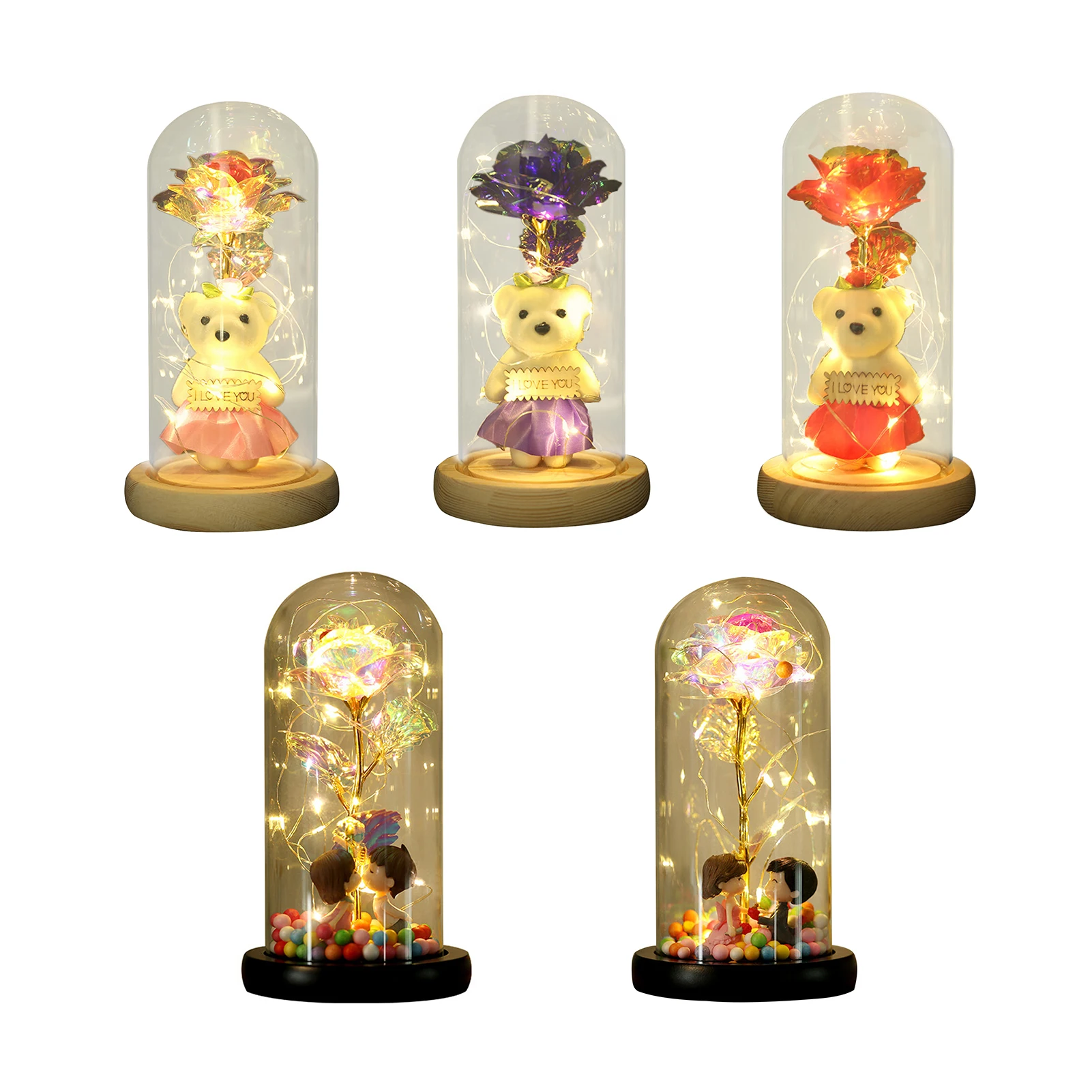 Valentine's Day Christmas Gifts Colorful Gold Foil Flower Bear With LED Lights Immortal Rose Bear Glass Cover LED Gift Box