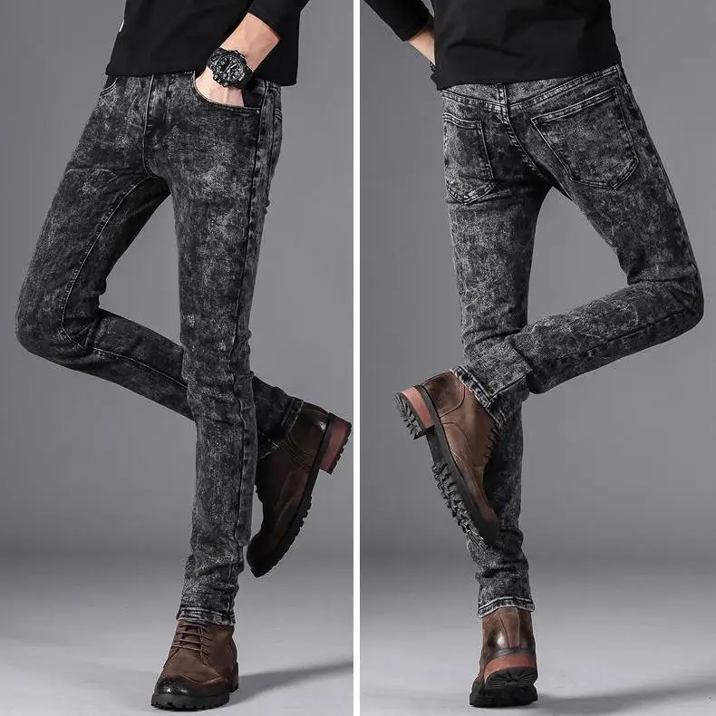 Zomer Dunne Stretch Jeans Mannen Slim Fit Skinny Broek Koreaanse Casual Retro Sneeuwvlok Broek Mannen Mode Skinny Jeans mannen Grijs