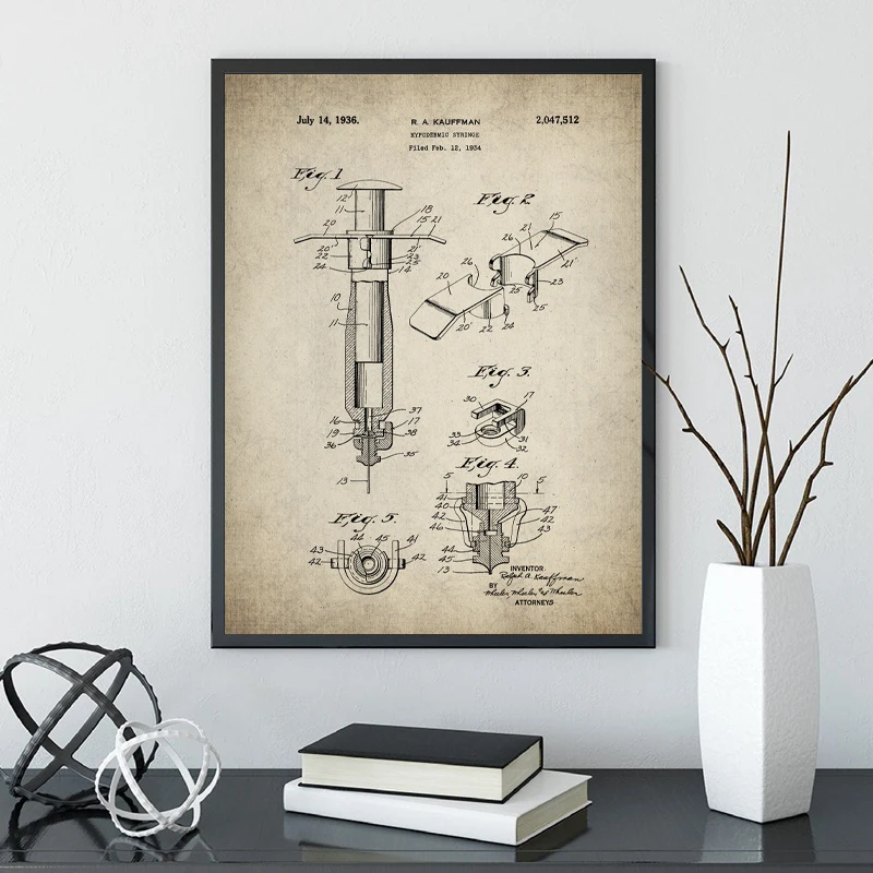 Hypodermic Syringe Patent Vintage Medical Poster Nurse Gift , Medicine Wall Art Canvas Painting Retro Picture Clinic Decor