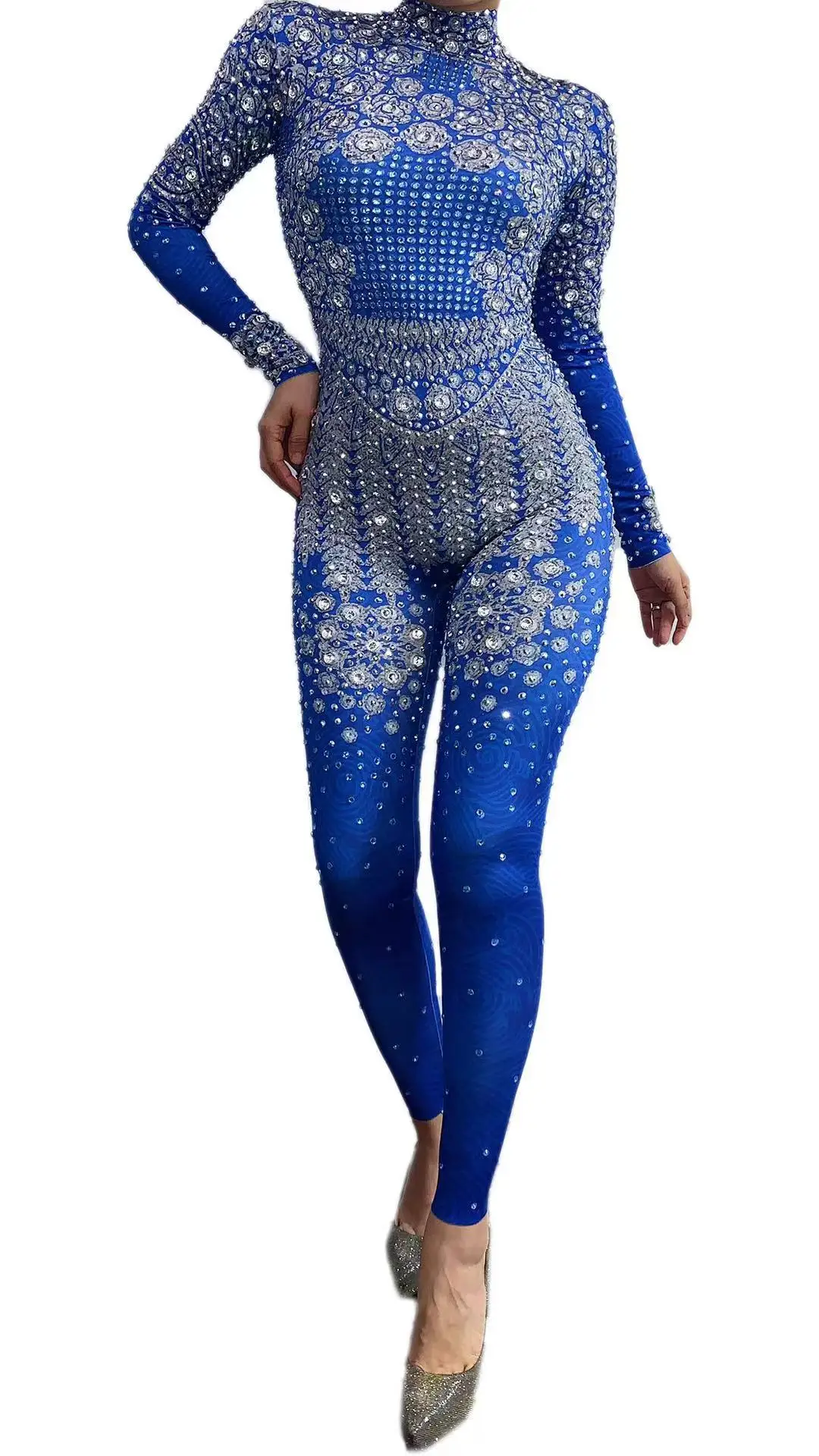 Vintage blu argento strass tuta donna compleanno celebrare festa serale cantante pagliaccetti discoteca Bar Stage Wear