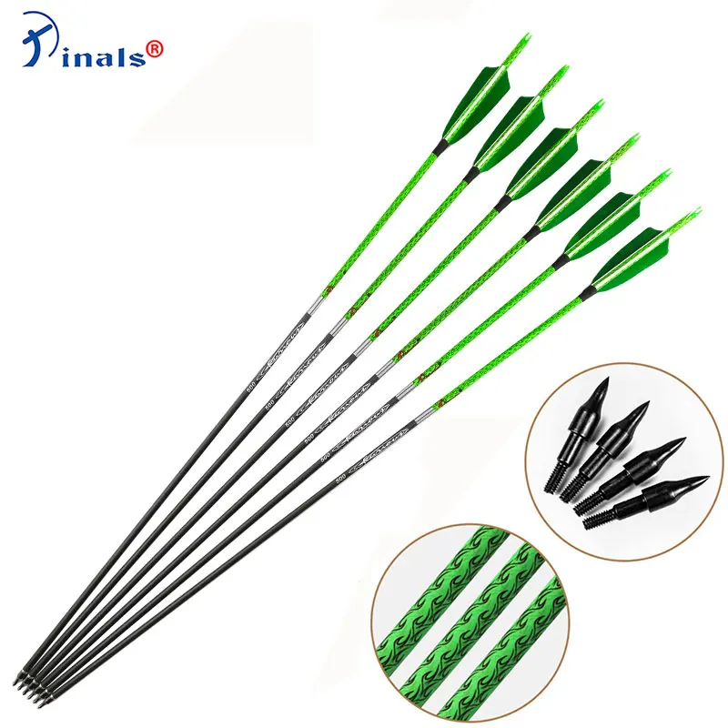 Pinals Carbon Arrows Spine 300 340 400 500 600 Shaft Turkey Feather Arrows Compound Recurve Bow Hunting Archery Green Camo