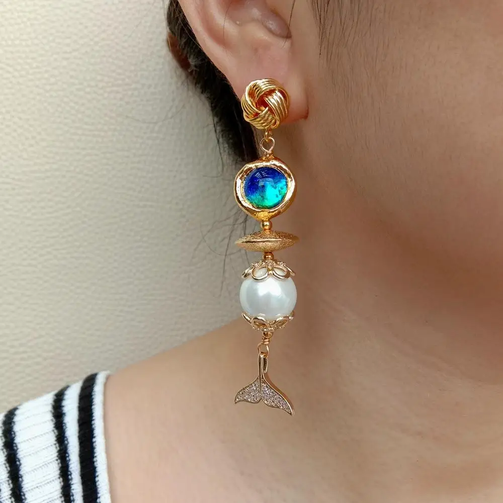 YYGEM Cute style Blue Murano Glass  White Sea Shell Pearl Cz Pave Fish Tail Drop Stud Earrings