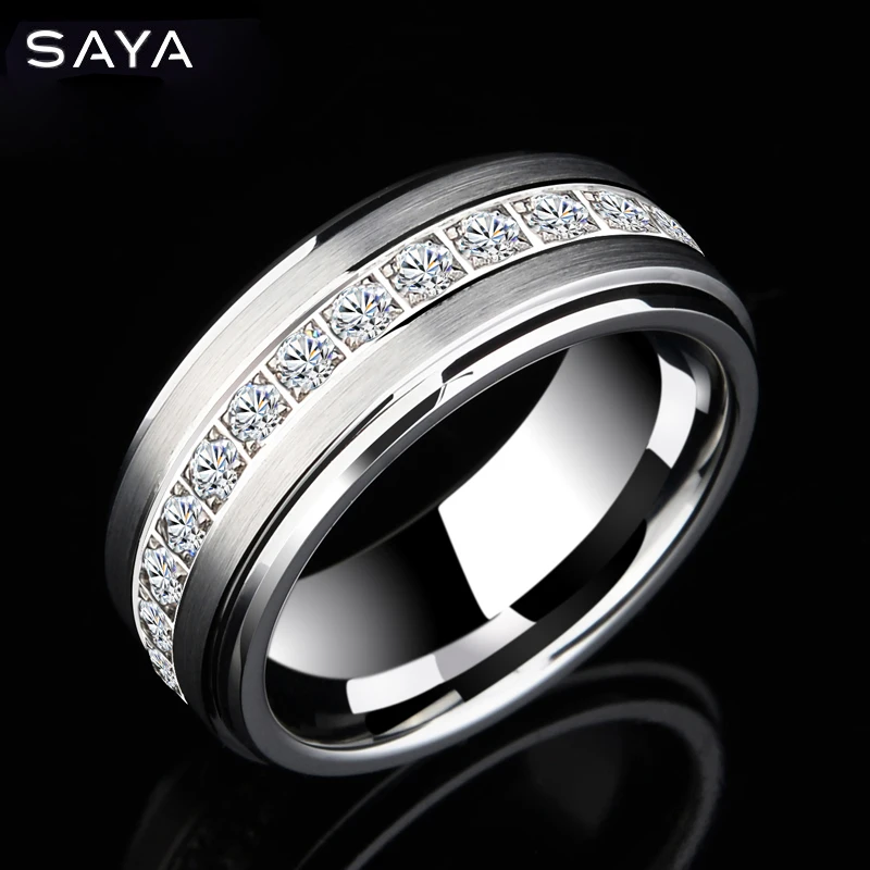 Rings for Men Cubic Zirconia Tungsten Carbide Polished Wedding Engagement Band, Free Shipping, Customized