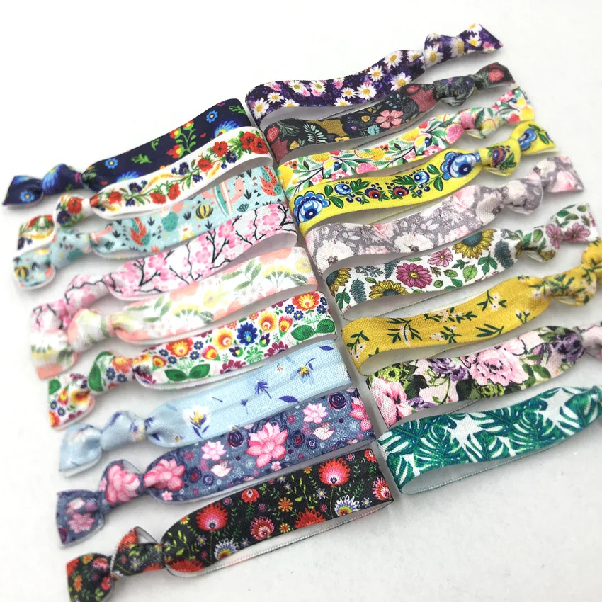 

Flowers Webbing 30pcs/Lot 5/8" Daisy Poppies Lotus Print Fold Over Elastic Band Hair Tie FOE Ribbon Bracelet Ponytail Holder