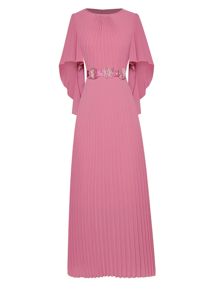 

High Quality Newest Nice Designer Runway Butterfly Sleeve Chiffon Pleated Long Dress