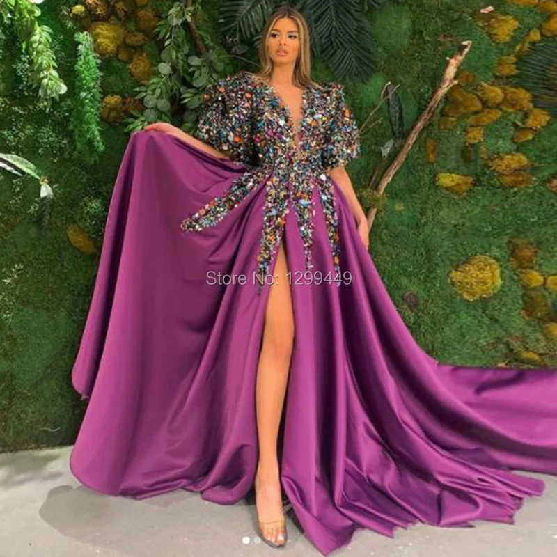 EPackage-Robe de Soirée Longue en Satin Violet, Tenue de Bal Luxueuse, Col Rond, Manches Courtes Brillantes, Fente Latérale Haute, Arabe