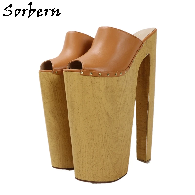 Sorbern Brown Women Sandal Extrem High Heels 35Cm Thick Platform 25Cm Open Toe Slides Shoes Women Runway Shoes Size 12