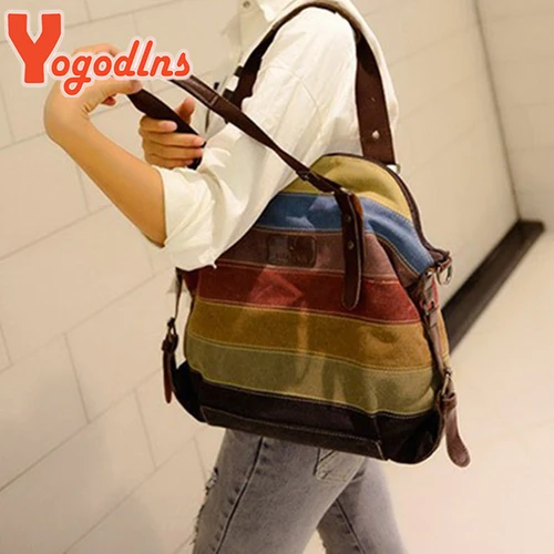 Imagen 2 del producto Yogodlns, bolsos de lona, bolso de mano a rayas para mujer, nuevo bolso de hombro de retazos de arcoíris, bolso cruzado informal de moda para mujer, bolso principal