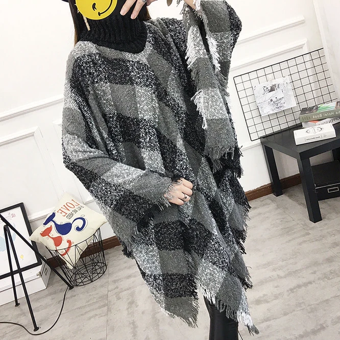 

Spring Autumn Women's Shawl New High Neck Loose Tassel Cloak Sweater Coat Large Knitted Girl Casual Keep Warm Gray