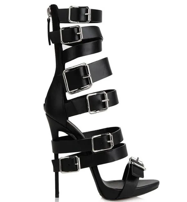 Women Buckle Straps Cut out Sandals Gladiator Belt Fasten Heels Open toe Thin Heels Back Zipper Party High Heels Sandal Booties