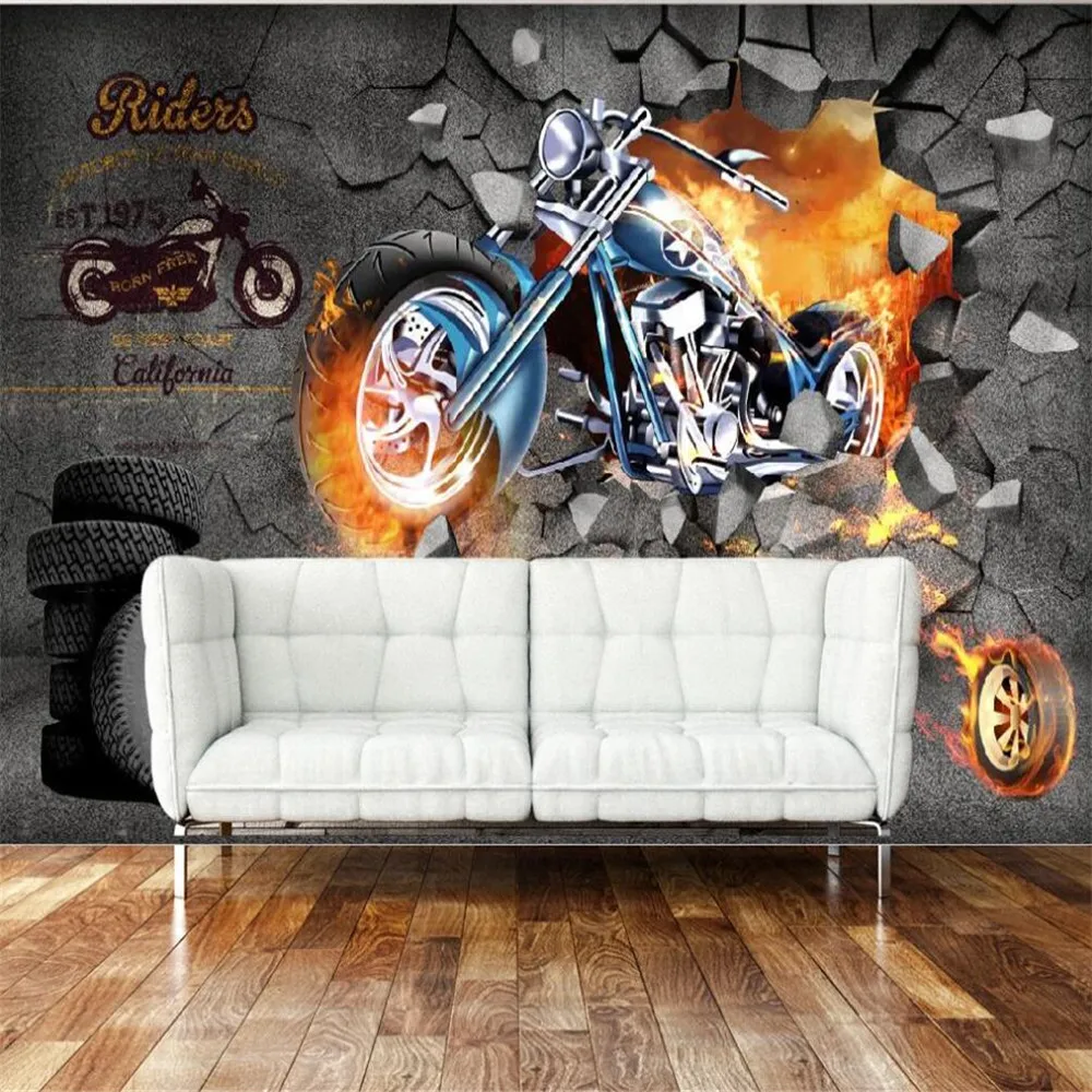 

Milofi custom large 3d wallpaper mural retro nostalgic flame motorcycle background wall decoration painting mural