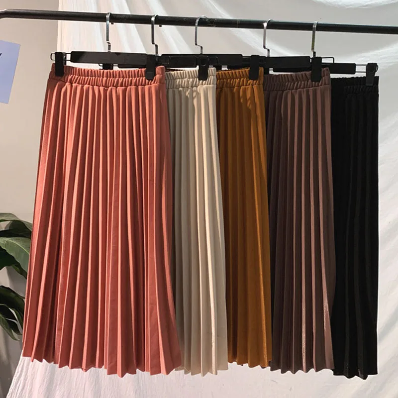 

2020 Women Pleated Solid color Elastic Skirt Spring Autumn Korean High Waist Faldas Vintage long School Casual Stretchy Skirt