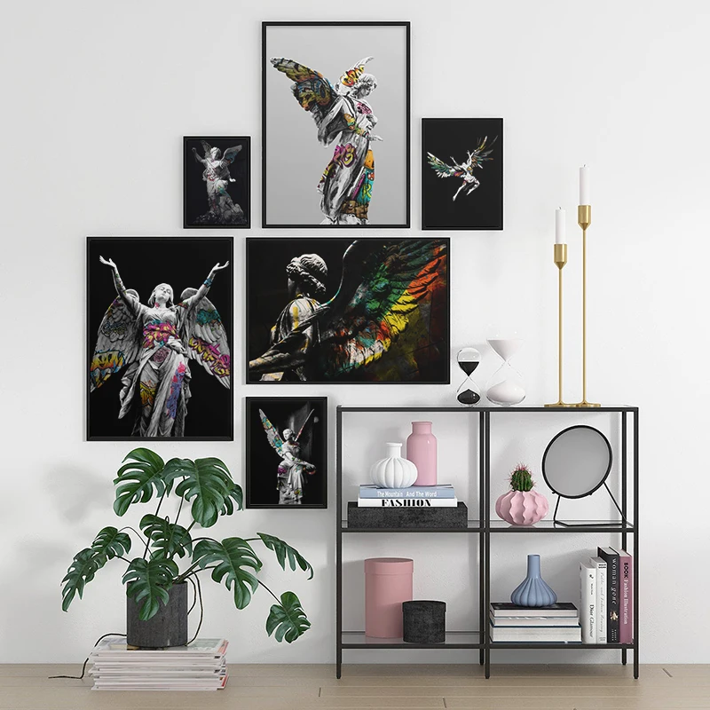 Vaporwave Sculpture Wings Graffiti Canvas Wall Art Poster Print for Bedroom Living Room Decor Street Art Picture