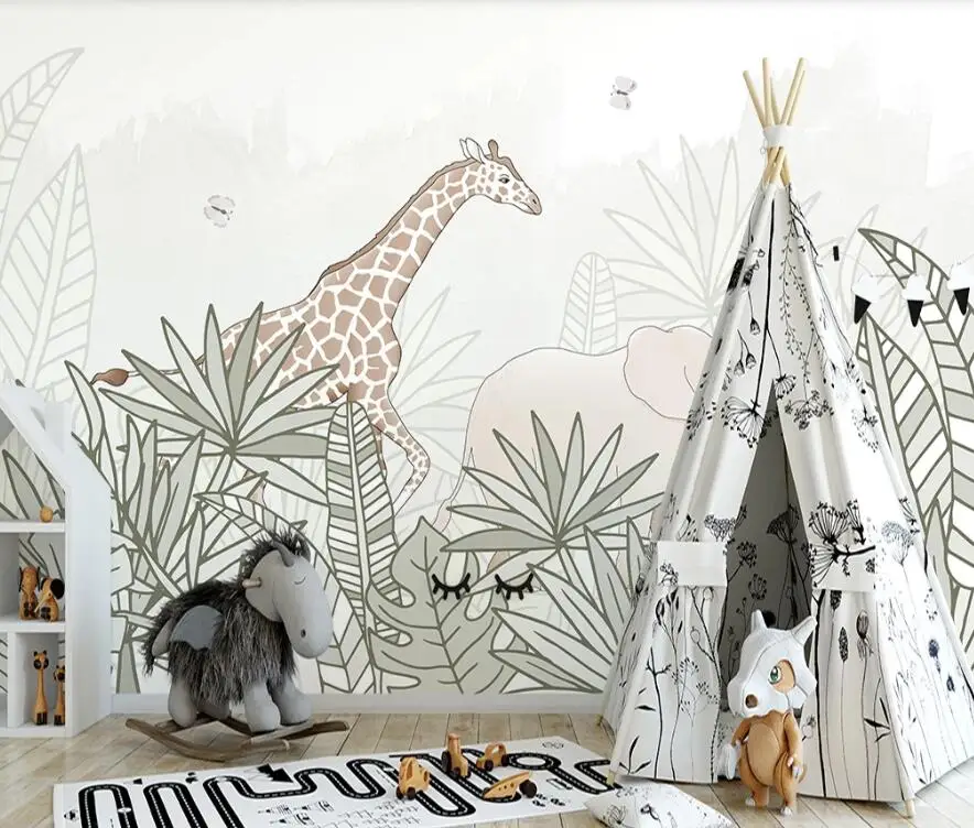 Custom 3D wallpaper mural hand-painted Nordic forest small animal illustration children background wall high-end decorative wall