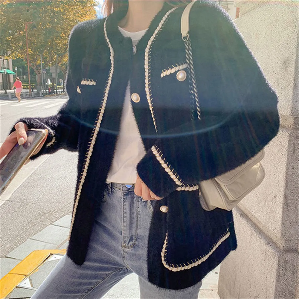 White Mink Cashmere Sweater Coat Women Autumn Winter Lazy Style Female Korean Retro Black Loose O Neck Knitted Cardigan Fashion