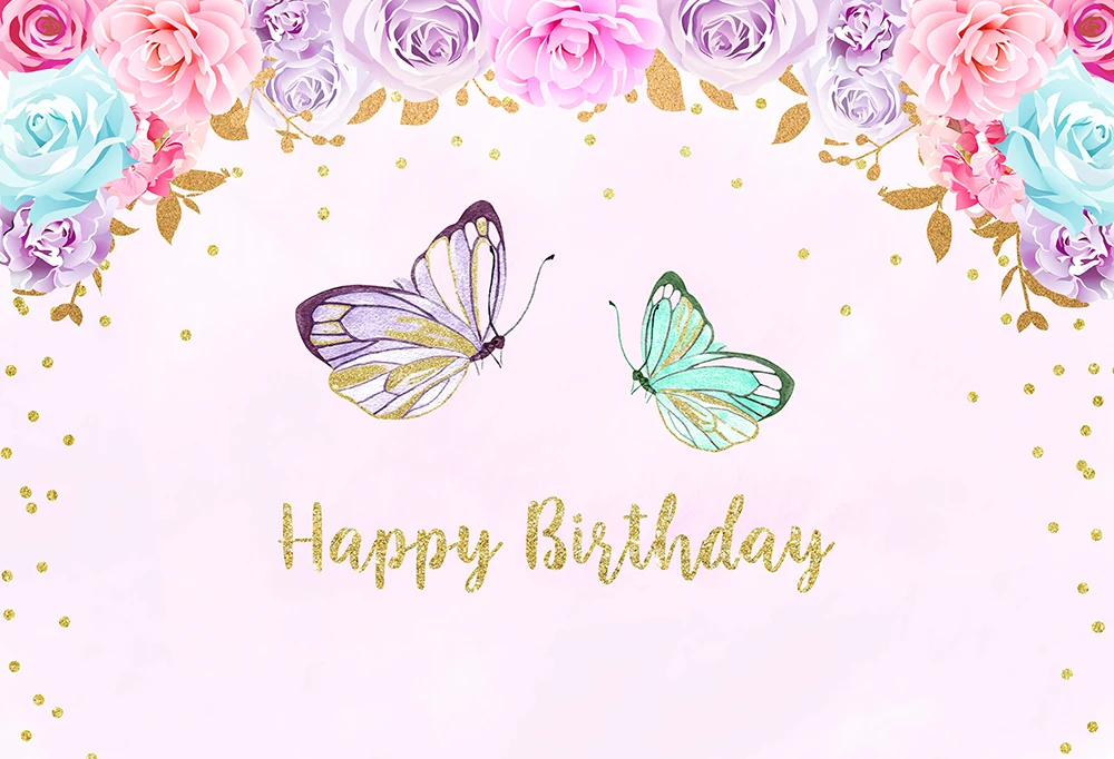 작은 공주 꽃을 위한 생일 사진 배경 나비 아기 파티 배너 배경, 골드 스팽글 봄