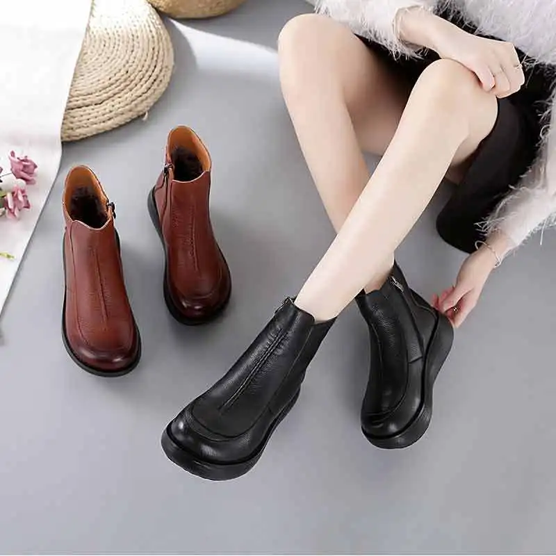 Xiuteng 2022 New Genuine Leather Women Flat Shoes Woman Vintage Style Winter Casual Platform Shoes Thick bottom boots Women