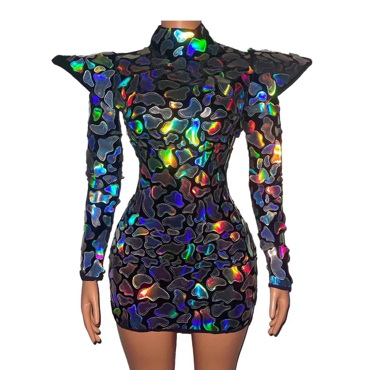 Cool Nightclub Women Singer Models Stage Performance Costume Silver Laser Faux Mirrors Sequins Dress Evening dresses