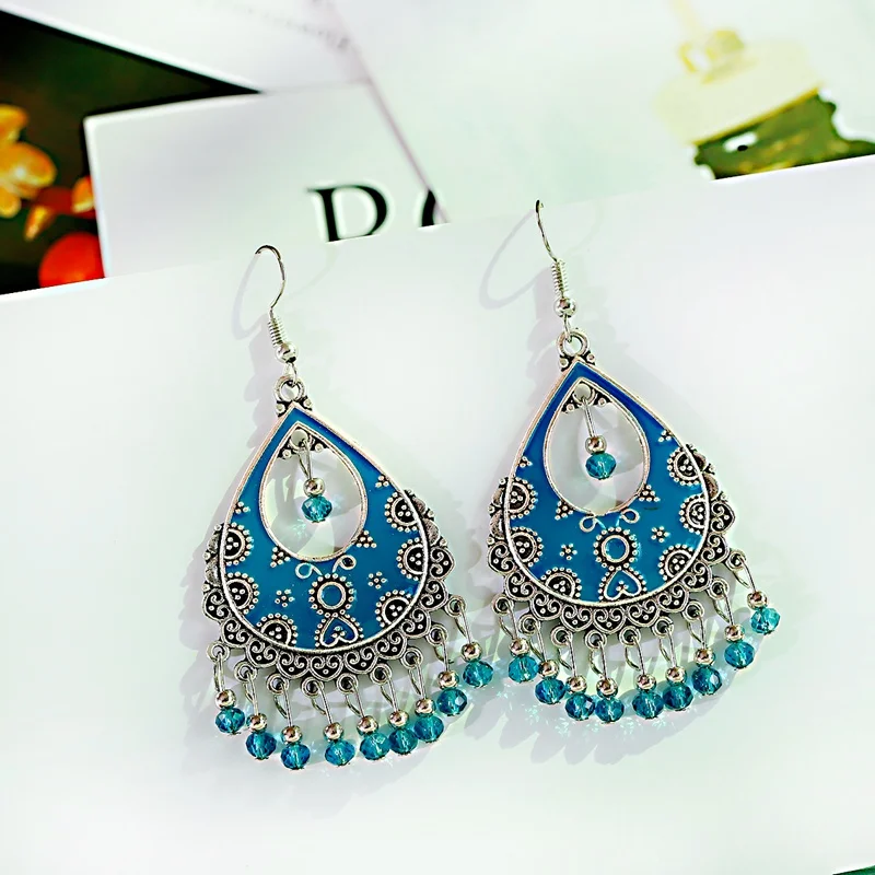 Vintage Red Beads Tassel Wedding Earrings Indian Jhumka Antique Boho Silver Color Flower Carved Drop Earrings Brincos Jewelry