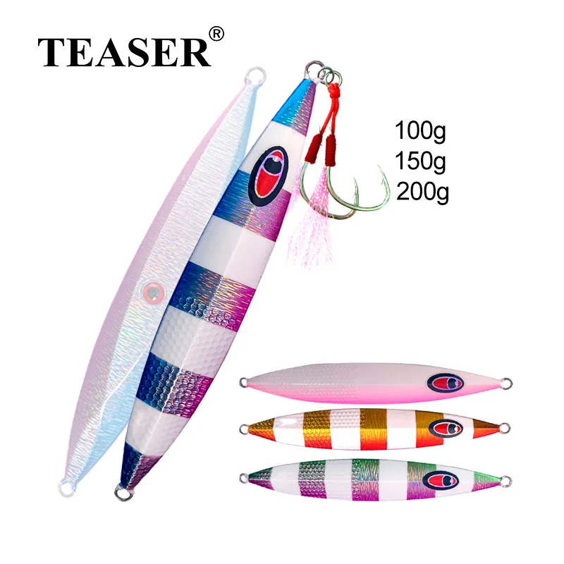 TEASER 100g 150g 200g Ocean Fishing Metal Casting Jig Lure Saltwater Artificial Casting Sea Bass Zebra Luminous Bait With Hooks