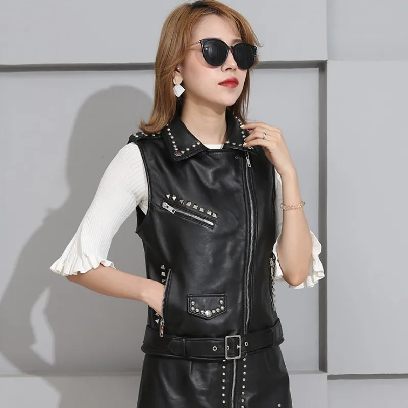 Motorcycle Sleeveless Sheepskin Real Leather Vest Women Punk Rivets Waistcoat High Quality Biker Genuine Leather Outwear Vests