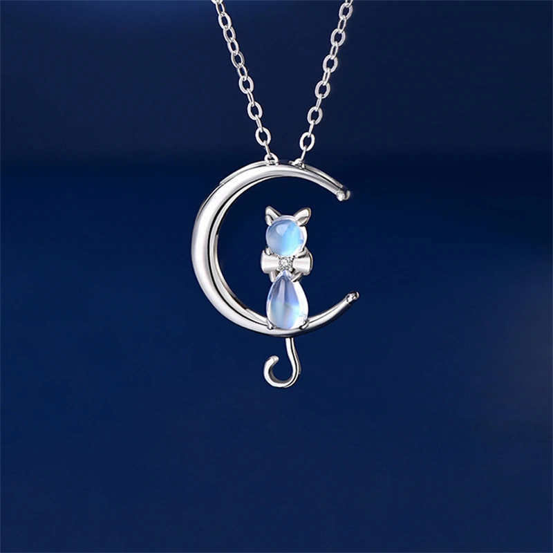 KOFSAC Exquisite Crystal Cute Moon Cat Pendant Girl Jewelry 925 Sterling Silver Necklaces For Women Valentine\'s Day Accessories