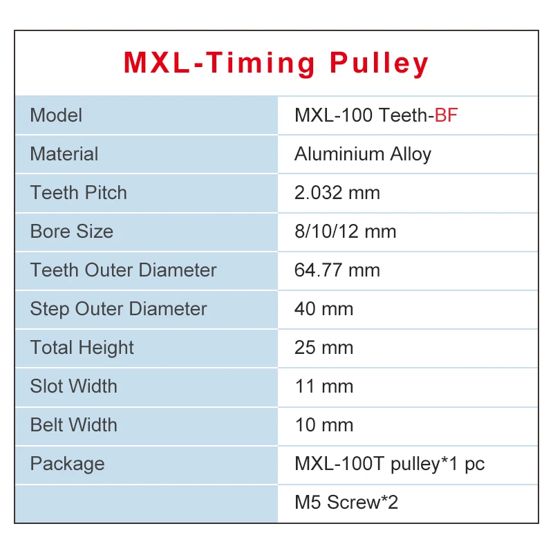 MXL-100T Timing Pulley Bore size 8/10/12 mm Pulley Wheel Slot Width 11 mm Match with Width 10 mm MXL-Timing belt For 3D Printers